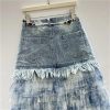 Women's Tie-Dye Denim Maxi Skirt, Gauze Patchwork with Distressed Hem Detail