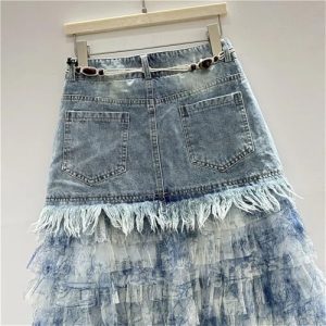 Women's Tie-Dye Denim Maxi Skirt, Gauze Patchwork with Distressed Hem Detail