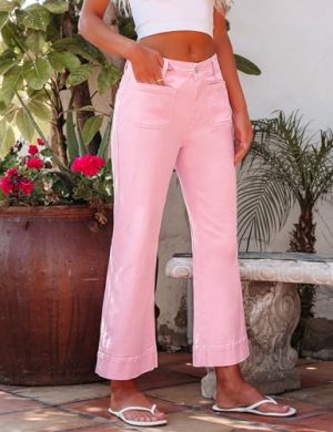 Wide Leg Jeans for Women Trendy High Waisted Flare Jeans Cropped Denim Pants Stretchy Baggy with Patch Pockets