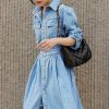 Women Denim Shirt Dress V Neck Short Sleeve Long Bottom Down A-Line Jeans Dresses with Pockets
