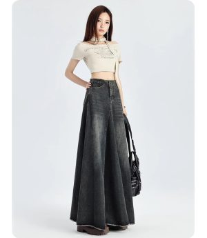 Waist Slim Denim Skirt for Women in Summer American Retro Long Fishtail