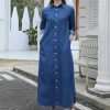 Flattering Belted A Line Summer Dress Casual Denim Midi Dress Ankle Length Long Sleeve Pullover Blouse Skirt(Blue,X-Small Tall)