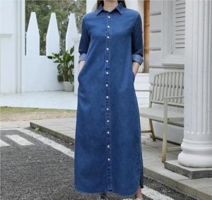 Flattering Belted A Line Summer Dress Casual Denim Midi Dress Ankle Length Long Sleeve Pullover Blouse Skirt(Blue,X-Small Tall)
