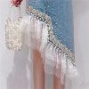 Heavy Industry Pearl Beading Lace Splicing Irregular Hem Jean Skirt Women Summer Korea Denim Skirt