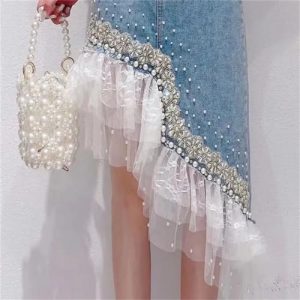 Heavy Industry Pearl Beading Lace Splicing Irregular Hem Jean Skirt Women Summer Korea Denim Skirt