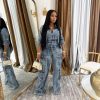 Women's Two Piece Denim Outfits Long Sleeve Cropped Jean Jacket Cargo Pants with Pockets Y2K Tracksuit Set