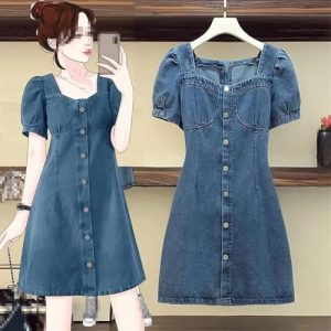 Summer Short Sleeve Button Down Denim Dress for Women Slim Fit Jean Mini Dresses