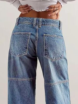 Women's Stitch Detail Mid Waist Straight Leg Jeans Without Belt
