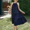 Women's Blue Long Dress, Summer Denim Halter Neck Sleeveless Beach Vacation Casual Mid Dress