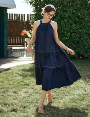 Women's Blue Long Dress, Summer Denim Halter Neck Sleeveless Beach Vacation Casual Mid Dress