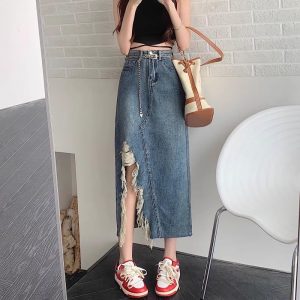 Irregular Tassel Denim Skirt for Women in Summer Fat Waist her HIPS Look Slim Midlength