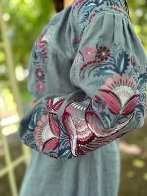 Ukrainian Vyshyvanka Dress | Floral Embroidered Bohemian Summer Dress | Long Linen Boho Dress | Blue Jeans Style (20)