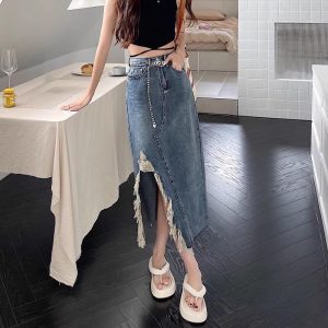 Irregular Tassel Denim Skirt for Women in Summer Fat Waist her HIPS Look Slim Midlength
