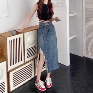 Irregular Tassel Denim Skirt for Women in Summer Fat Waist her HIPS Look Slim Midlength