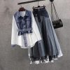 Women Spring Denim Shirt+ Skirt Two Elegant Long Sleeve Blouse Dress Set