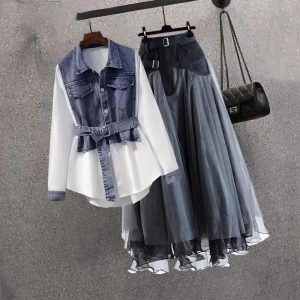 Women Spring Denim Shirt+ Skirt Two Elegant Long Sleeve Blouse Dress Set