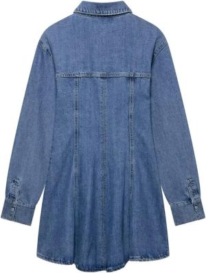 Blue Vintage Women Turn Down Collar Denim Dress Fashionable Single Breasted Long Sleeve Dress