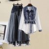 Women Spring Denim Shirt+ Skirt Two Elegant Long Sleeve Blouse Dress Set