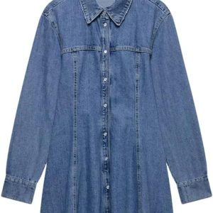 Blue Vintage Women Turn Down Collar Denim Dress Fashionable Single Breasted Long Sleeve Dress