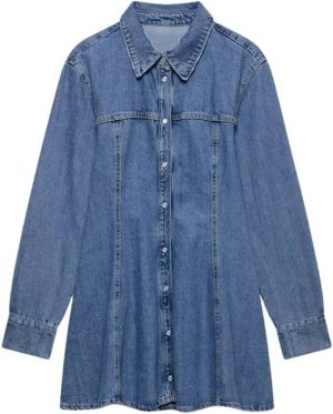Blue Vintage Women Turn Down Collar Denim Dress Fashionable Single Breasted Long Sleeve Dress