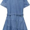 Summer Womens Denim Dress Turn Down Collar Single Breasted Mini Pleated Lace Up Casual Dress