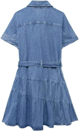 Summer Womens Denim Dress Turn Down Collar Single Breasted Mini Pleated Lace Up Casual Dress