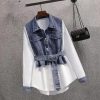 Women Spring Denim Shirt+ Skirt Two Elegant Long Sleeve Blouse Dress Set