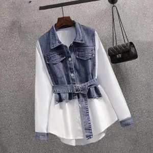 Women Spring Denim Shirt+ Skirt Two Elegant Long Sleeve Blouse Dress Set