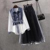 Women Spring Denim Shirt+ Skirt Two Elegant Long Sleeve Blouse Dress Set