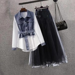 Women Spring Denim Shirt+ Skirt Two Elegant Long Sleeve Blouse Dress Set