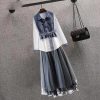 Women Spring Denim Shirt+ Skirt Two Elegant Long Sleeve Blouse Dress Set