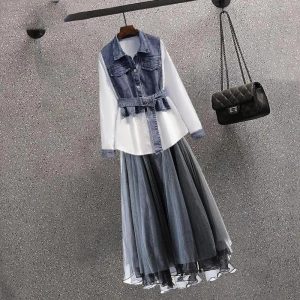 Women Spring Denim Shirt+ Skirt Two Elegant Long Sleeve Blouse Dress Set